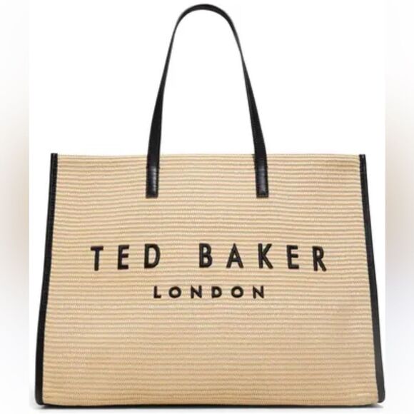 TED BAKER The Icon Palmer Tote Ivory Straw Black Faux Leather Embroidered Logo - Picture 1 of 15